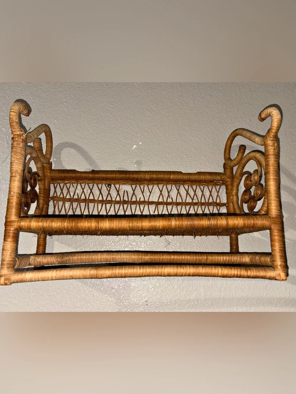 Vintage Boho Wicker Rattan Wall Shelf with Towel Bar & Scroll Sides